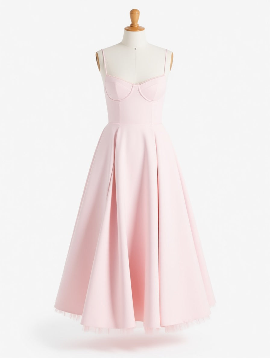 Odette blush pink tulle corset midi dress with pockets – dress product photo | LUXYWEARS
