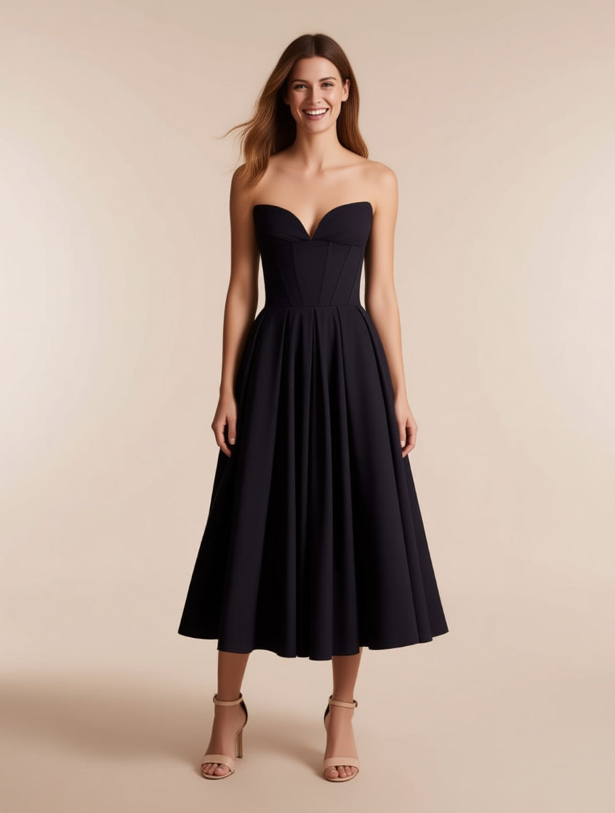 Riviera black boned corset midi dress – full length front view | LUXYWEARS