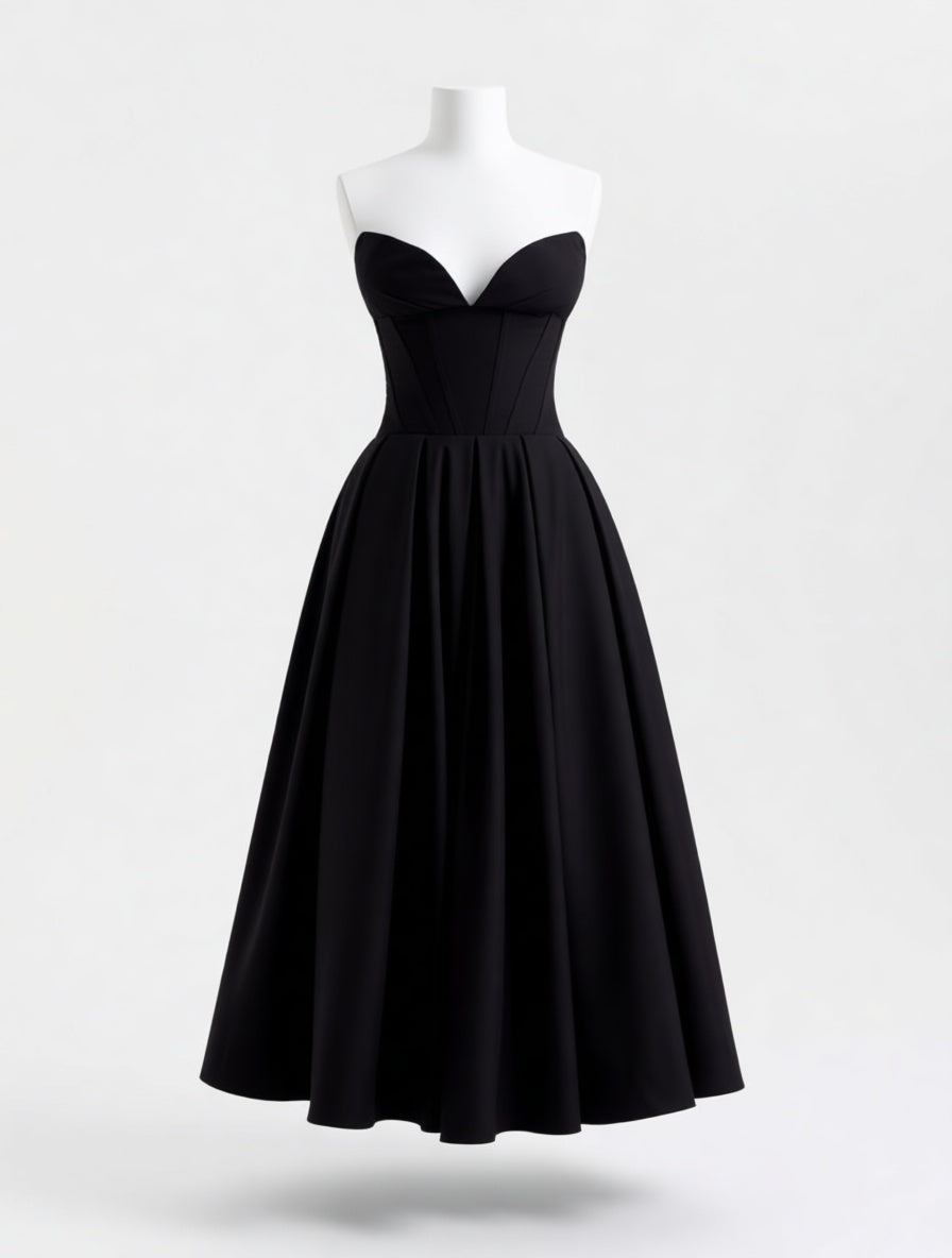 Riviera black boned corset midi dress – dress product photo | LUXYWEARS