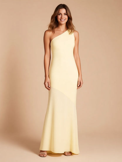 Seraphine butter yellow one-shoulder satin fishtail gown – full length front view | LUXYWEARS