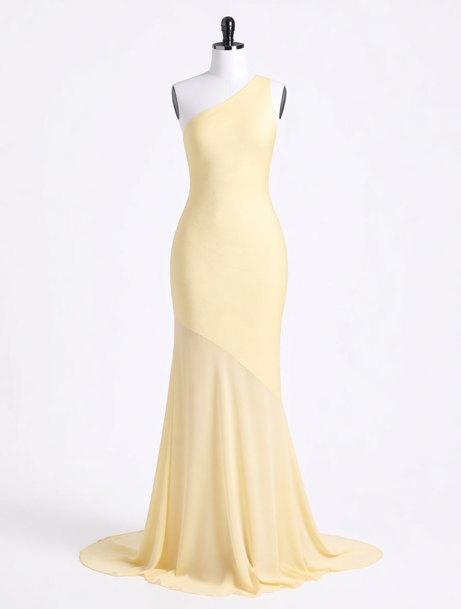 Seraphine butter yellow one-shoulder satin fishtail gown – dress product photo | LUXYWEARS