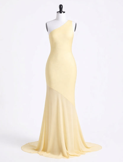 Seraphine butter yellow one-shoulder satin fishtail gown – dress product photo | LUXYWEARS