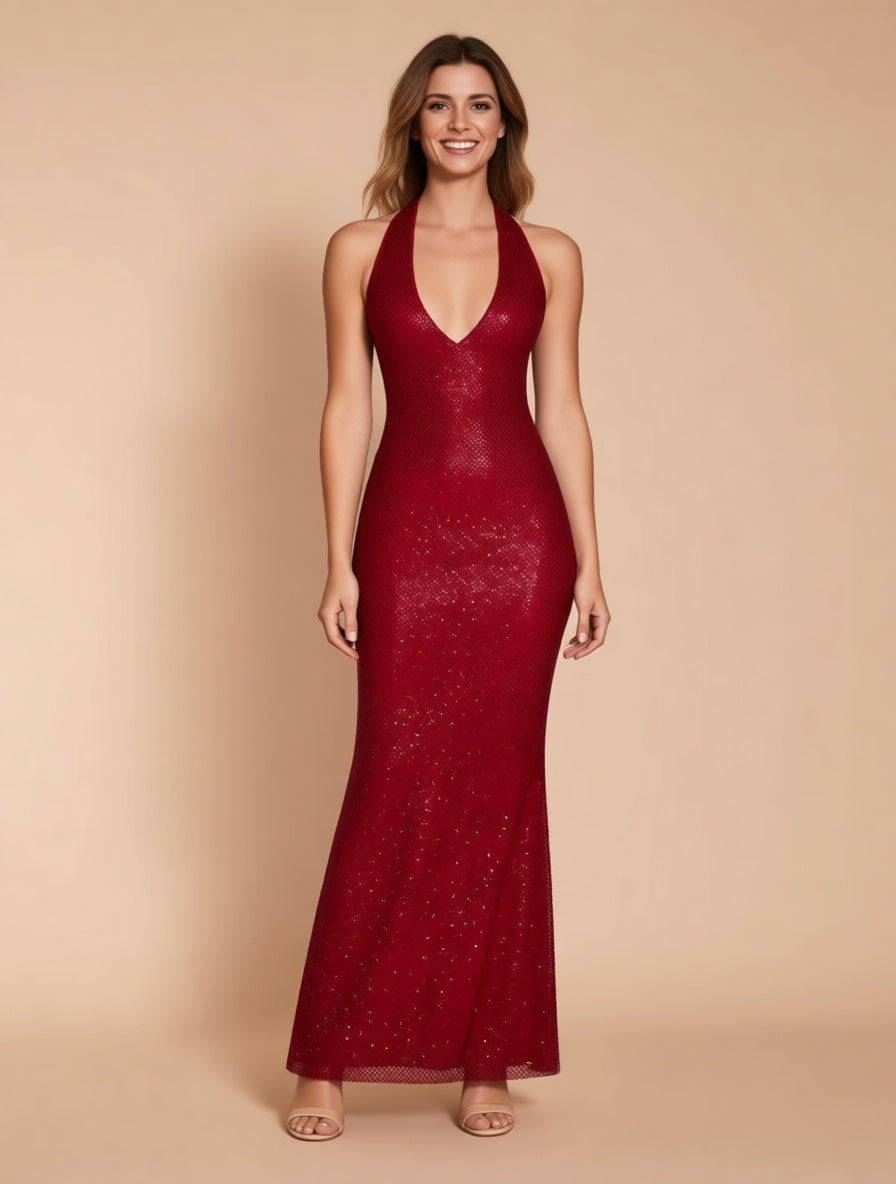 Solene burgundy rhinestone mesh maxi dress – full length front view | LUXYWEARS