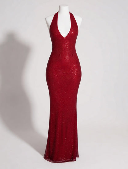 Solene burgundy rhinestone mesh maxi dress – dress product photo | LUXYWEARS