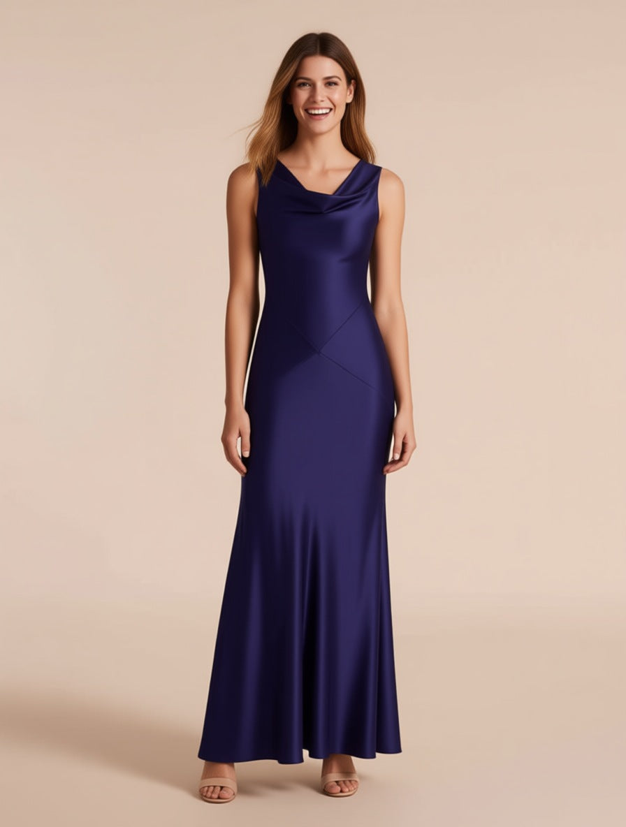 Thalassa dark blue cowl neck open back satin gown – full length front view | LUXYWEARS