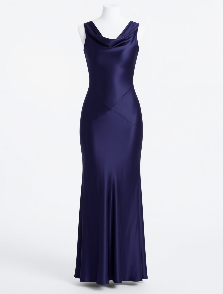 Thalassa dark blue cowl neck open back satin gown – dress product photo | LUXYWEARS