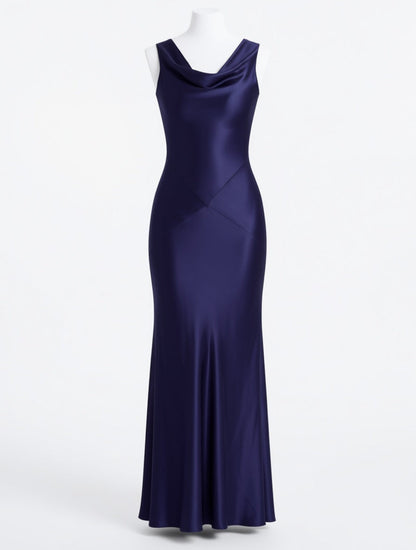 Thalassa dark blue cowl neck open back satin gown – dress product photo | LUXYWEARS